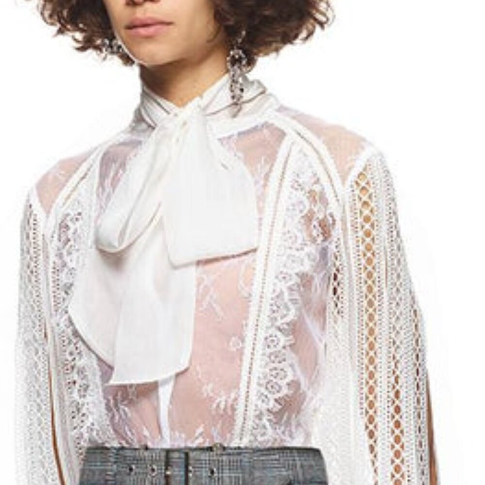 Self Portrait Victorian Romantic Sheer Draped Sleeve Lace Paneled Blouse Size 2 - Picture 4 of 14
